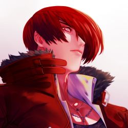 Rule 34 | 1boy, eyelashes, face, fur collar, hair over one eye, high collar, jewelry, juu satoshi, lips, male focus, necklace, popped collar, red eyes, solo, the king of fighters, the king of fighters xiv, yagami iori