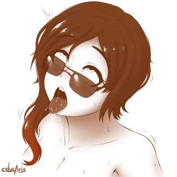 Rule 34 | 1girl, ahegao, blush, coco adel, cslucaris, drooling, female focus, glasses, monochrome, naughty face, nude, rolling eyes, rwby, sexually suggestive, solo, spot color, sunglasses, sweat, tongue, tongue out, white background