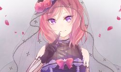 Rule 34 | 1girl, black gloves, blush, bow, close-up, commentary request, elbow gloves, fishnets, flower, frills, gloves, grey background, happy birthday, hat, hat flower, index finger raised, lace trim, love live!, love live! school idol festival, love live! school idol project, nishikino maki, petals, purple eyes, red bow, red hair, rose, see-through, short hair, sleeveless, smile, solo, veil, watoson