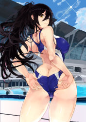 Rule 34 | 1girl, adjusting clothes, adjusting swimsuit, ass, back, bare shoulders, black hair, blue one-piece swimsuit, blue sky, blush, breasts, butt crack, closed mouth, clothes pull, competition swimsuit, day, hair between eyes, highres, hip focus, idolmaster, idolmaster shiny colors, large breasts, long hair, looking back, one-piece swimsuit, one-piece swimsuit pull, outdoors, ponytail, shirase sakuya, sky, smile, solo, swimsuit, thighs, yellow eyes, yuu (asaiyuji)