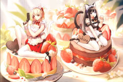 Rule 34 | 2girls, alternate costume, animal ears, bell, black bow, black bowtie, black dress, black footwear, black hair, blonde hair, blurry, blurry background, bow, bowtie, breasts, cake, cat ears, cat girl, cat tail, character name, cleavage, cleavage cutout, clothing cutout, collar, commentary request, detached collar, detached sleeves, dress, enmaided, flower, food, food in mouth, fork, fruit, gun, hair ribbon, hand up, heart cutout, high heels, holding, holding gun, holding weapon, inoue takina, jingle bell, kemonomimi mode, long hair, lycoris recoil, maid, medium breasts, mini person, minigirl, mouth hold, multiple girls, neck bell, nishikigi chisato, paw pose, pierorabu, plate, puffy short sleeves, puffy sleeves, purple eyes, red ribbon, ribbon, shoes, short sleeves, simple background, sitting, sleeveless, sleeveless dress, solo, strawberry, tail, thighhighs, translation request, very long hair, wariza, weapon, white background, white collar, white thighhighs, wing collar, wrist cuffs