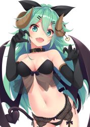 Rule 34 | 1girl, bare shoulders, black bow, black bra, black gloves, black panties, blush, bow, bra, breasts, choker, claw pose, collarbone, commentary request, cowboy shot, demon girl, demon horns, demon tail, demon wings, elbow gloves, fang, garter belt, gloves, gold trim, green eyes, green hair, hair between eyes, hair bow, hair ornament, hairclip, heart, highres, horns, kantai collection, long hair, looking at viewer, medium breasts, mofu namako, navel, open mouth, panties, revision, see-through, side-tie panties, simple background, skin fang, solo, tail, underwear, underwear only, very long hair, white background, wings, yamakaze (kancolle)