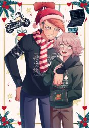 Rule 34 | 2boys, :d, arm around shoulder, black hair, black sweater, blue pants, blush, bow, brown eyes, brown hair, cheer (cheerpuppy14), christmas ornaments, christmas sweater, commentary, computer, danganronpa: trigger happy havoc, danganronpa (series), denim, fujisaki chihiro, green hoodie, hand on own hip, hat, heart, height difference, highres, hood, hoodie, laptop, light brown hair, long hair, looking at another, looking up, male focus, mario, mario (series), medium hair, motor vehicle, motorcycle, multiple boys, nintendo, open mouth, owada mondo, pants, pompadour, red bow, red scarf, santa hat, scarf, smile, striped clothes, striped scarf, sweater, symbol-only commentary, teeth, trap, upper teeth only, white scarf, yaoi