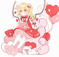 Rule 34 | 1girl, alternate costume, balloon, blonde hair, bow, closed mouth, collared shirt, criss-cross sleeves, dress, flandre scarlet, full body, heart, heart balloon, highres, long sleeves, looking at viewer, medium hair, one side up, paragasu (parags112), paw shoes, petticoat, puffy long sleeves, puffy sleeves, red bow, red dress, red eyes, shirt, solo, stuffed animal, stuffed toy, teddy bear, touhou, white background, white shirt, wings