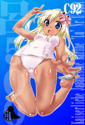 Rule 34 | 10s, arched back, blonde hair, blue background, blue eyes, character name, covered navel, crotch seam, german text, gradient background, hair ribbon, japanese flag, k.m.station, kantai collection, looking at viewer, one-piece swimsuit, one-piece tan, open mouth, ribbon, ro-500 (kancolle), school swimsuit, solo, swimsuit, swimsuit under clothes, tan, tanline, white one-piece swimsuit, white school swimsuit