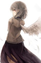 Rule 34 | 1girl, blush, braid, cowboy shot, feathered wings, finger to mouth, from behind, grey hair, highres, jacket, kishin sagume, looking at viewer, looking back, profile, purple skirt, red eyes, short hair, single wing, skirt, smile, solo, thkani, touhou, white wings, wings