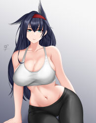 Rule 34 | 1girl, absurdres, animal ears, arknights, bad hands, bare arms, bare shoulders, black hair, black pants, blaze (arknights), breasts, cat ears, commentary, cowboy shot, crop top, gradient background, green eyes, grey background, hair between eyes, hairband, highres, large breasts, leggings, long hair, looking at viewer, midriff, navel, pants, parted lips, red hairband, rf-rekki, solo, sports bra, stomach, thighs, very long hair