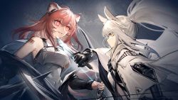 Rule 34 | 2girls, animal ears, arknights, armor, barcode, barcode tattoo, bare shoulders, black gloves, black jacket, breastplate, game cg, gloves, gravel (arknights), grey background, grin, highres, holding, holding knife, holding weapon, jacket, kingdom of kazimierz logo, knife, long hair, looking at another, multiple girls, off shoulder, official art, parted lips, pink eyes, pink hair, platinum (arknights), ponytail, reverse grip, ryuuzaki ichi, shoulder tattoo, silver hair, smile, tattoo, upper body, weapon, white jacket, yellow eyes