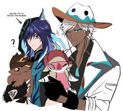 2boys ? animal_ear_fluff animal_ears aqua_eyes bat_ears black_gloves black_hood black_shirt black_tank_top blue_hair blue_scarf closed_mouth collared_jacket collared_shirt commentary confused couple dark-skinned_male dark_skin efu_(angelschatedral99) english_commentary facial_tattoo fingerless_gloves friends genshin_impact glove_cutout gloves hair_between_eyes hand_tattoo hat headscarf heterochromia highres holding hood hood_up ifa_(genshin_impact) jacket light_smile multicolored_hair multiple_boys one_eye_closed open_clothes open_jacket ororon_(genshin_impact) scarf shirt short_hair simple_background sleeveless sleeves_rolled_up standing streaked_hair swept_bangs tan tank_top tattoo torn_clothes torn_hood torn_scarf white_background white_hair white_jacket yaoi