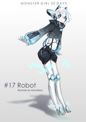 Rule 34 | 1girl, android, animal ears, artist name, black shirt, black shorts, cable, cat ears, crop top, flat chest, floating, full body, glowing, grey background, headphones, heart, high heels, hologram, humanoid robot, joints, long sleeves, looking at viewer, maruneko, navel, original, outstretched arm, pale skin, robot, robot joints, see-through, shadow, shirt, short hair, shorts, solo, suspender shorts, suspenders, symbol-shaped pupils, turtleneck, white hair