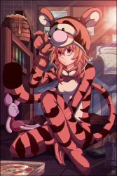 Rule 34 | 1girl, absurdres, aisaka taiga, animal costume, animal print, arm between legs, artist name, book, bookshelf, commentary, deviantart logo, english commentary, food, hand up, highres, honey, indoors, on floor, patreon logo, piglet (winnie the pooh), pizza, sitting, solo, stuffed animal, stuffed toy, theusualbunny, tiger costume, tiger print, tigger, toradora!, twitter logo, winnie the pooh