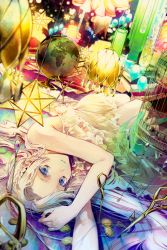 Rule 34 | 1girl, birdcage, blonde hair, blue eyes, book, cage, chandelier, coin, globe, highres, long hair, looking at viewer, lying, md5 mismatch, nozaki tsubata, on back, original, revision, solo, very long hair