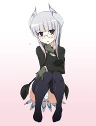 Rule 34 | 1girl, bird tail, black thighhighs, full body, glasses, gloves, head wings, heidimarie w. schnaufer, long hair, military, military uniform, ouhashi, panties, pantyshot, red eyes, silver hair, sitting, solo, strike witches, tail, thighhighs, underwear, uniform, white panties, wings, world witches series