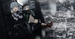Rule 34 | 2girls, absurdres, assault rifle, black footwear, black legwear, blush, blush stickers, bullpup, caseless firearm, closed eyes, commentary request, day, full body, g11 (girls&#039; frontline), girls&#039; frontline, green jacket, grey eyes, grey hair, gun, h&amp;k g11, h&amp;k hk416, hair between eyes, hair ornament, highres, hk416 (fang) (girls&#039; frontline), hk416 (girls&#039; frontline), jacket, kilabo, long hair, looking at another, multiple girls, no headwear, official alternate costume, open mouth, outdoors, own hands clasped, own hands together, pantyhose, rifle, shoes, sitting, smile, sneakers, uniform, weapon, winter uniform