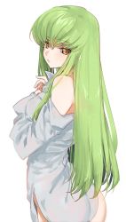 Rule 34 | 1girl, ass, bare shoulders, blonde hair, c.c., code geass, creayus, green hair, highres, long hair, looking at viewer, off-shoulder shirt, off shoulder, shirt, simple background, solo, white background, white shirt