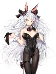 Rule 34 | 1girl, absurdres, animal ears, azur lane, bare shoulders, black footwear, black gloves, black leotard, black pantyhose, black ribbon, blush, breasts, brown eyes, closed mouth, collar, collarbone, commentary request, cross, detached collar, fake animal ears, gloves, gluteal fold, hair ribbon, half gloves, hands up, high heels, highres, holding, holding clothes, holding footwear, holding shoes, iron cross, large breasts, leotard, mole, mole on breast, multicolored hair, pantyhose, parted bangs, playboy bunny, prinz eugen (azur lane), rabbit ears, red eyes, ribbon, shoes, silver (chenwen), silver hair, simple background, solo, strapless, strapless leotard, streaked hair, thigh gap, unworn shoe, unworn shoes, white background, white collar, wing collar, wrist cuffs