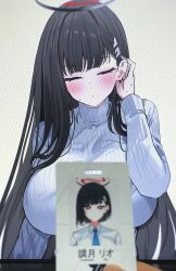 Rule 34 | 1girl, absurdres, artist&#039;s hand in frame, black hair, blue archive, blush, breasts, card, closed eyes, commentary, tucking hair, halo, highres, holding, holding card, huge breasts, id card, id photo, monitor, photo (medium), photo (object), pov, pov hands, ribbed sweater, rio (blue archive), simple background, sweatdrop, sweater, turtleneck, turtleneck sweater, unconventional media, white background, white sweater, yuki (asayuki101)