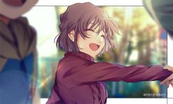 Rule 34 | 1boy, 1girl, :d, blurry, blurry background, blurry foreground, brown hair, closed eyes, haibara ai, lens flare, long sleeves, meitantei conan, monicanc, open mouth, outstretched arm, red sweater, short hair, smile, sweater, twitter username