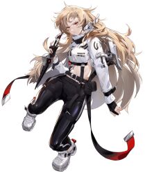 Rule 34 | 1girl, artist request, black gloves, black pants, blonde hair, buckle, character request, collar, final gear, gloves, highres, holding, holding weapon, light frown, long hair, long sleeves, messy hair, midriff, number print, official art, pants, partially fingerless gloves, red eyes, serious, shoes, striped clothes, striped pants, tachi-e, third-party source, tight clothes, tight pants, transparent background, two-tone pants, vertical-striped clothes, vertical-striped pants, very long hair, weapon, white collar, white footwear, white sleeves, white stripes
