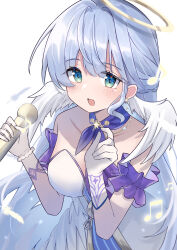 Rule 34 | 1girl, absurdres, aqua eyes, bare shoulders, blue hair, bracelet, detached sleeves, dress, earrings, facial mark, falling feathers, feathers, floating hair, gloves, hair between eyes, halo, hands up, head wings, highres, holding, holding microphone, honkai: star rail, honkai (series), jewelry, long hair, looking at viewer, microphone, musical note, open mouth, pedapunn, robin (honkai: star rail), short sleeves, simple background, single earring, smile, white background, white dress, white gloves, white wings, wings