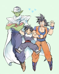 Rule 34 | 3boys, :d, ^ ^, age difference, bad id, bad pixiv id, black eyes, black hair, blue background, boots, cape, child, closed eyes, dougi, dragon ball, dragonball z, father and son, flying, full body, hand up, hano (hanos91), happy, heart, height difference, locked arms, male focus, multiple boys, nervous, open mouth, piccolo, pointy ears, serious, short hair, simple background, smile, son gohan, son goku, spiked hair, sweatdrop, turban, wristband