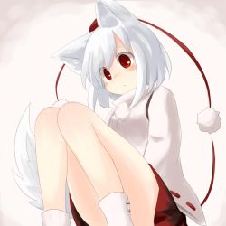 Rule 34 | 1girl, animal ear fluff, animal ears, expressionless, hat, highres, inubashiri momiji, kibisake, pom pom (clothes), red eyes, ribbon-trimmed sleeves, ribbon trim, shirt, short hair, skirt, solo, tail, tokin hat, touhou, white hair, wide sleeves, wolf ears, wolf tail