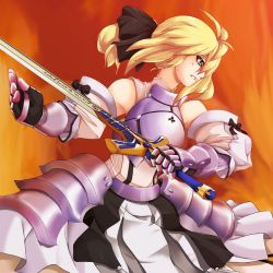 Rule 34 | 00s, 1girl, ahoge, aqua eyes, armor, armpits, artoria pendragon (fate), bare shoulders, blonde hair, capcom, detached sleeves, fate/stay night, fate/unlimited codes, fate (series), female focus, gauntlets, hair ribbon, ichirou, ponytail, ribbon, saber (fate), saber lily, short hair, solo, sword, type-moon, weapon