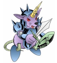 Rule 34 | 1boy, animal ears, armor, beaver warrior, full body, horns, male focus, no humans, open mouth, red eyes, shield, simple background, single horn, solo, sword, tail, teeth, tongue, weapon, white background, yu-gi-oh!