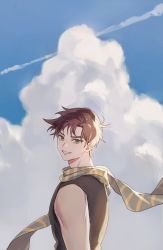 Rule 34 | 1boy, bare shoulders, brown hair, cloud, fingerless gloves, gloves, green eyes, highres, jojo no kimyou na bouken, joseph joestar, joseph joestar (young), looking back, male focus, muted color, ningzzz, scarf, sky, solo, striped clothes, striped scarf