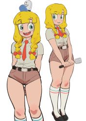 Rule 34 | 1girl, absurdres, anchor symbol, arms behind back, belt, black footwear, blonde hair, blouse, blunt bangs, blush, bow, braid, breasts, brown shorts, buck teeth, closed mouth, collared shirt, colo (nagrolaz), female focus, flat color, freckles, full body, genderswap, genderswap (mtf), green eyes, grey shirt, hair bow, hair over shoulder, happy, hat, highres, holding, holding spatula, humanization, kneehighs, legs together, long hair, looking to the side, mini hat, multiple views, necktie, open mouth, own hands together, personification, red bow, red necktie, shirt, shirt tucked in, shoes, short necktie, short shorts, short sleeves, shorts, sidelocks, simple background, sketch, small breasts, smile, socks, spatula, spongebob squarepants, spongebob squarepants (series), standing, teeth, thighs, twin braids, v arms, white background, white headwear, white socks