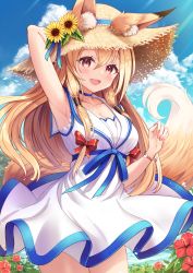 Rule 34 | 1girl, :d, animal ears, arm behind head, arm up, armpits, blonde hair, blue choker, blue sky, bracelet, brown eyes, choker, cloud, commentary request, day, dress, ears through headwear, flower, fox ears, fox girl, fox tail, hair between eyes, hat, hat flower, highres, jewelry, long hair, looking at viewer, open mouth, original, outdoors, sakura ani, sky, sleeveless, sleeveless dress, smile, solo, straw hat, sunlight, tail, thighs, white dress