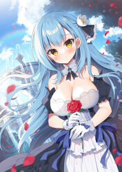 Rule 34 | 1girl, bare shoulders, black dress, black ribbon, black sleeves, blue bow, blue hair, blue sky, blush, bow, closed mouth, cloud, collarbone, commentary request, day, detached sleeves, dress, flower, fountain, gloves, hair flower, hair ornament, hair ribbon, holding, holding flower, long hair, looking at viewer, mauve, original, outdoors, petals, puffy short sleeves, puffy sleeves, red flower, red rose, ribbon, rose, short sleeves, sky, smile, solo, strapless, strapless dress, very long hair, water, white flower, white gloves, yellow eyes