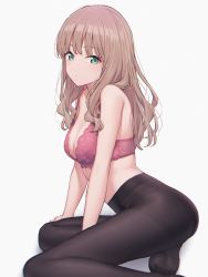 Rule 34 | 1girl, bare arms, bare shoulders, between legs, black pantyhose, bra, breasts, brown hair, cleavage, expressionless, green eyes, gridman universe, high-waist pantyhose, highres, lace, lace-trimmed bra, lace trim, long hair, looking at viewer, medium breasts, mikazuchi zeus, minami yume, no shoes, pantyhose, pink bra, simple background, sitting, solo, ssss.dynazenon, underwear, wavy hair, white background