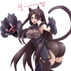 Rule 34 | 1girl, absurdres, animal ears, ass, black hair, blush, breasts, cat ears, cat tail, claw pose, covered erect nipples, executioner (girls&#039; frontline), gauntlets, girls&#039; frontline, highres, kemonomimi mode, large breasts, lazy ant, long hair, mechanical arms, open mouth, red eyes, single mechanical arm, skindentation, slit pupils, smile, tail, thighhighs, very long hair