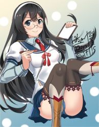 Rule 34 | 10s, 1girl, black hair, blush, glasses, go-it, gradient background, hairband, jpeg artifacts, kantai collection, long hair, looking at viewer, ooyodo (kancolle), panties, pencil, school uniform, short hair, skirt, smile, solo, underwear