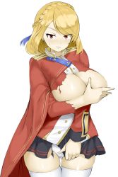Rule 34 | 1girl, azur lane, black skirt, blonde hair, blue ribbon, blush, braid, breasts, breasts out, cameltoe, cape, cleavage, clenched teeth, commentary request, covering privates, covering breasts, cowboy shot, crown braid, earrings, embarrassed, epaulettes, gluteal fold, goma., hair ribbon, hand up, highres, jacket, jewelry, large breasts, long sleeves, looking at viewer, medium hair, military, military uniform, miniskirt, nose blush, panties, parted lips, pleated skirt, prince of wales (azur lane), red cape, red eyes, red jacket, ribbon, simple background, skirt, skirt tug, solo, standing, sweatdrop, swept bangs, teeth, thigh gap, thighhighs, torn clothes, torn jacket, torn skirt, underwear, uniform, v-shaped eyebrows, white background, white panties, white thighhighs
