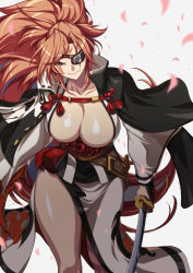 Rule 34 | 1girl, amputee, baiken, big hair, black jacket, black kimono, breasts, cleavage, closed mouth, eyepatch, facial tattoo, guilty gear, guilty gear xrd, highres, holding, holding sword, holding weapon, jacket, jacket on shoulders, japanese clothes, kataginu, katana, kimono, large breasts, multicolored clothes, multicolored kimono, one-eyed, open clothes, open kimono, pink eyes, pink hair, ponytail, rantia, samurai, sash, scar, scar across eye, scar on face, smile, solo, standing, sword, tattoo, thighs, weapon, white background, white kimono, wide sleeves