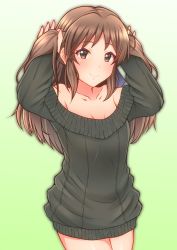 Rule 34 | 10s, 1girl, absurdres, arms up, bare shoulders, black sweater, blush, bow, breasts, brown eyes, brown hair, collarbone, commentary request, gradient background, green background, hair bow, highres, holding, holding own hair, idolmaster, idolmaster cinderella girls, keffiy, long hair, looking at viewer, off shoulder, ribbed sweater, sidelocks, small breasts, smile, solo, sweater, tachibana arisu, thighs, twintails
