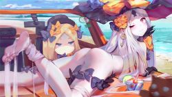 Rule 34 | 2girls, ;), abigail williams (fate), abigail williams (third ascension) (fate), alternate headwear, ass, bandages, bare legs, barefoot, beach, between toes, bikini, bikini bottom only, black bow, black gloves, black hat, blonde hair, blue eyes, blue sky, blurry, blurry background, bow, car, cherry, closed mouth, colored skin, convertible, cup, day, depth of field, drink, drinking glass, drinking straw, earrings, elbow gloves, expressionless, facial mark, fate/grand order, fate (series), fedora, feet, flower, food, forehead mark, fruit, gloves, grey skin, hair bow, hair flower, hair ornament, hat, hat bow, jewelry, jitome, key earrings, lavinia whateley (fate), long hair, lying, motor vehicle, multiple girls, on stomach, on vehicle, one eye closed, orange bow, orange flower, orange rose, outdoors, parted bangs, pink eyes, rose, shore, silver hair, sitting, sky, smile, soles, stuffed animal, stuffed toy, swimsuit, t lege d, teddy bear, thong bikini, toes, topless, very long hair, water