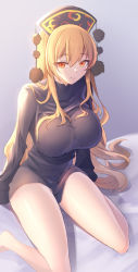 Rule 34 | 1girl, adapted costume, arm support, blonde hair, breasts, foot out of frame, from above, hair between eyes, headdress, indoors, junko (touhou), large breasts, long hair, looking at viewer, on bed, orange eyes, sitting, sleeves past fingers, sleeves past wrists, solo, touhou, very long hair, wariza, z.o.b