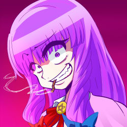Rule 34 | 1girl, blue bow, blunt bangs, bow, bowtie, cigarette, commentary request, constricted pupils, cookie (touhou), eyes visible through hair, grin, hair bow, long hair, looking at viewer, patchouli knowledge, pentagram, purple background, purple eyes, purple hair, red bow, red bowtie, smile, smoking, solo, taisa (cookie), touhou, youreizou (lower than -273.15c)