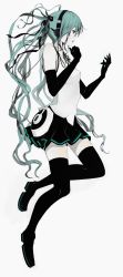 Rule 34 | 1girl, bad id, bad pixiv id, boots, elbow gloves, female focus, full body, gloves, green hair, hair ribbon, hatsune miku, hatsune miku (append), highres, legs, long hair, long image, pale color, ribbon, simple background, skirt, solo, tall image, thigh boots, thighhighs, tokai kuma, twintails, very long hair, vocaloid, vocaloid append, white background