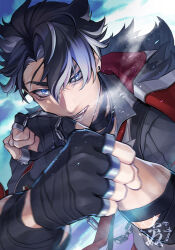 Rule 34 | 1boy, absurdres, anne (anne 0417), bandaged arm, bandaged neck, bandages, black bandages, black gloves, black hair, blue eyes, breath, chain, clenched hands, coat, coat on shoulders, earrings, facial scar, fang, fighting stance, fingerless gloves, genshin impact, gloves, grey hair, hair between eyes, hands up, highres, jewelry, looking at viewer, male focus, messy hair, motion blur, multicolored hair, necktie, open mouth, red necktie, ring, scar, scar on arm, scar on cheek, scar on face, scar on neck, scars all over, shirt, short hair, solo, streaked hair, stud earrings, too many, scars all over, two-tone hair, upper body, vest, wriothesley (genshin impact)