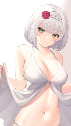 Rule 34 | 1girl, absurdres, alternate breast size, bad id, bad pixiv id, bare shoulders, braid, breasts, chemise, cleavage, closed mouth, clothes lift, flower, genshin impact, green eyes, hair flower, hair ornament, highres, lifting own clothes, light smile, lingerie, medium breasts, navel, noelle (genshin impact), panties, panty peek, red flower, red rose, rose, shirafuji ene, shirt lift, short hair, solo, stomach, underwear, underwear only, white hair