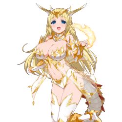 Rule 34 | 1girl, blonde hair, blue eyes, boots, braid, breasts, dragon tail, fire, high heels, highres, kusaka souji, large breasts, leotard, long hair, looking at viewer, navel, official art, open mouth, solo, sparkle, tail, thigh boots, thighhighs, transparent background, uchi no hime-sama ga ichiban kawaii, yellow theme