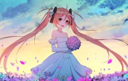 Rule 34 | 10s, 1girl, :d, ahoge, aihara enju, backlighting, bare shoulders, black bullet, blue sky, blush, bouquet, cloud, collarbone, comic, dress, elbow gloves, flat chest, flower, gloves, hair ornament, highres, holding, holding bouquet, hydrangea, long hair, looking at viewer, morning, open mouth, orange eyes, orange hair, outdoors, petals, rekaerb maerd, round teeth, sky, smile, solo, standing, strapless, strapless dress, sunlight, tareme, teeth, thighhighs, twintails, very long hair, wedding dress, white dress, white gloves, white thighhighs, zettai ryouiki