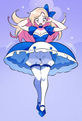 Rule 34 | 1girl, blonde hair, bloomers, blue background, blue bow, blue dress, blue eyes, blue footwear, blush, bow, breasts, choker, cleavage, clothes lift, cloud, dress, dress lift, embarrassed, floating, hair bow, highres, long hair, looking down, mary janes, medium breasts, open mouth, puffy sleeves, shoes, short sleeves, sky, sparkle, teeth, thighhighs, underwear, white bloomers, white thighhighs, wind, wind lift