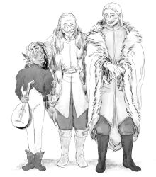 Rule 34 | 11agares, 3boys, beard, bodysuit, boots, coat, commentary, cropped jacket, dark-skinned male, dark skin, delgal (dungeon meshi), dungeon meshi, elf, english commentary, facial hair, facing viewer, father and son, freinag (dungeon meshi), fur-trimmed coat, fur trim, greyscale, hair behind ear, hair slicked back, hand on another&#039;s head, hand on another&#039;s shoulder, happy, headpat, height difference, highres, holding, holding instrument, instrument, knee boots, looking to the side, male focus, mandolin, monochrome, multiple boys, mustache, old, old man, own hands together, pointy ears, short hair, simple background, sketch, standing, thistle (dungeon meshi)