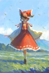 Rule 34 | 1girl, ascot, bare shoulders, black footwear, bow, brown hair, closed eyes, closed mouth, day, detached sleeves, fjsmu, full body, grass, hair bow, hair tubes, hakurei reimu, highres, japanese clothes, medium hair, nontraditional miko, outdoors, red bow, red skirt, ribbon-trimmed sleeves, ribbon trim, shoes, sidelocks, skirt, socks, solo, standing, touhou, white sleeves, white socks, wide sleeves, yellow ascot