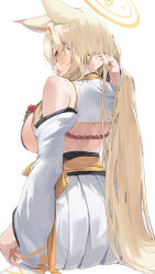Rule 34 | 1girl, absurdres, animal ears, bare shoulders, blonde hair, blue archive, blush, breasts, detached sleeves, fox ears, hair over one eye, hairband, halo, highres, japanese clothes, kaho (blue archive), kimono, large breasts, long hair, looking back, mole, mole under mouth, parted lips, sadan1317, sideboob, simple background, solo, thick eyebrows, white background, wide sleeves, yellow eyes
